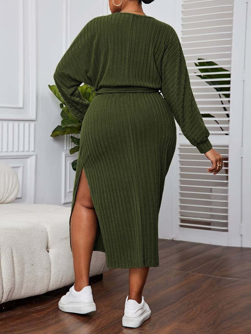 Elegant plus size ribbed knit olive green midi dress with side slit for fashion and style
