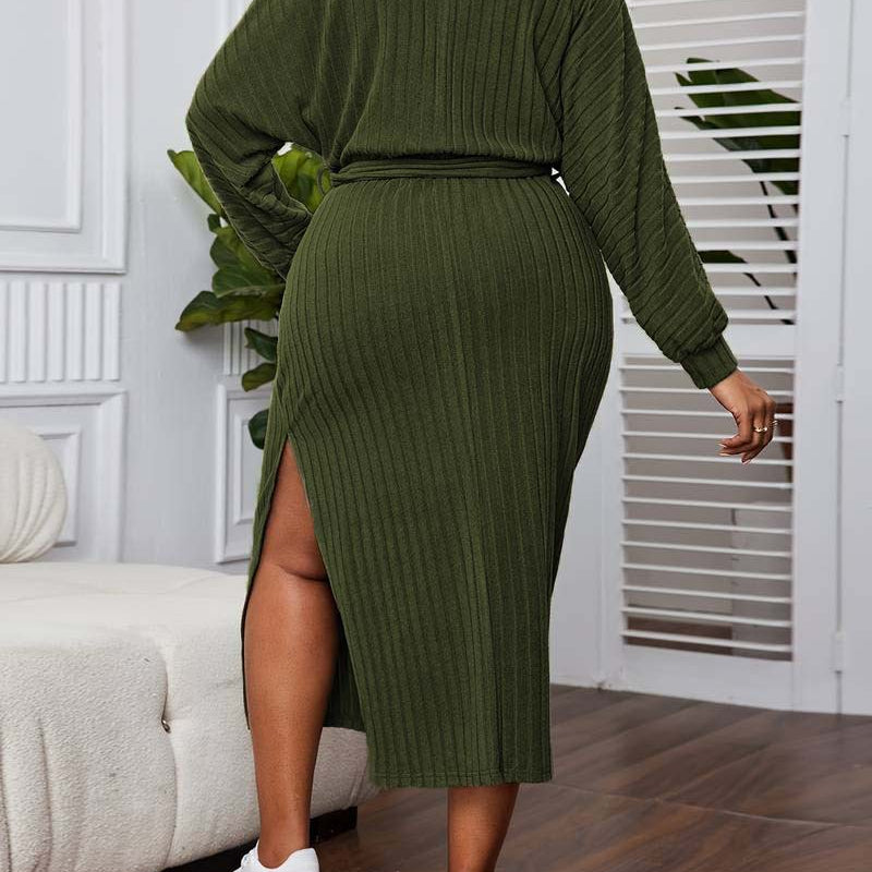 Elegant plus size ribbed knit olive green midi dress with side slit for fashion and style