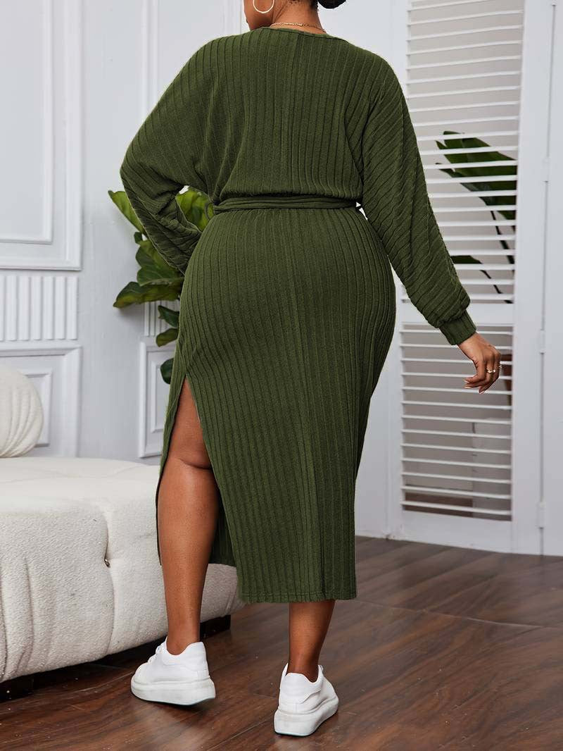 Elegant plus size ribbed knit olive green midi dress with side slit for fashion and style