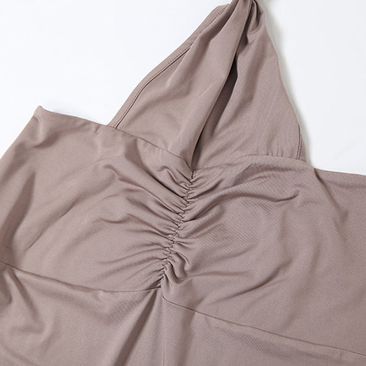 Taupe halter top with gathered front from Summer Women Elegant Backless Two Piece Set for stylish fashion and ملابس