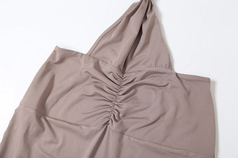 Taupe halter top with gathered front from Summer Women Elegant Backless Two Piece Set for stylish fashion and ملابس