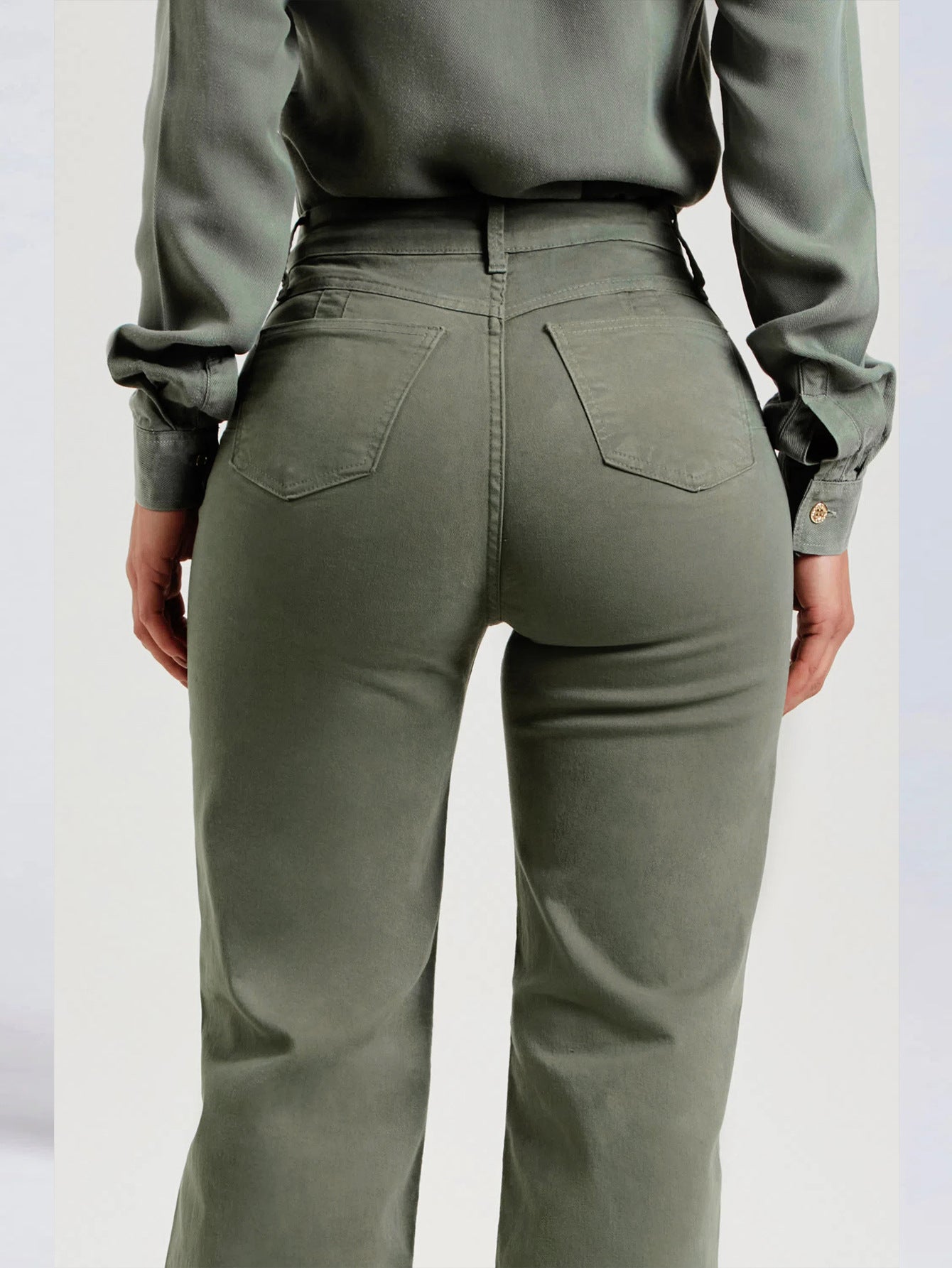 Olive green Slim Fit Stretch Frayed Flared Pants for women’s fashion ملابس