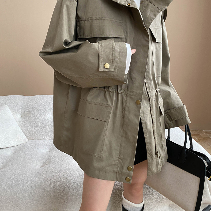 Fashionable langry olive green retro trench coat with gold buttons