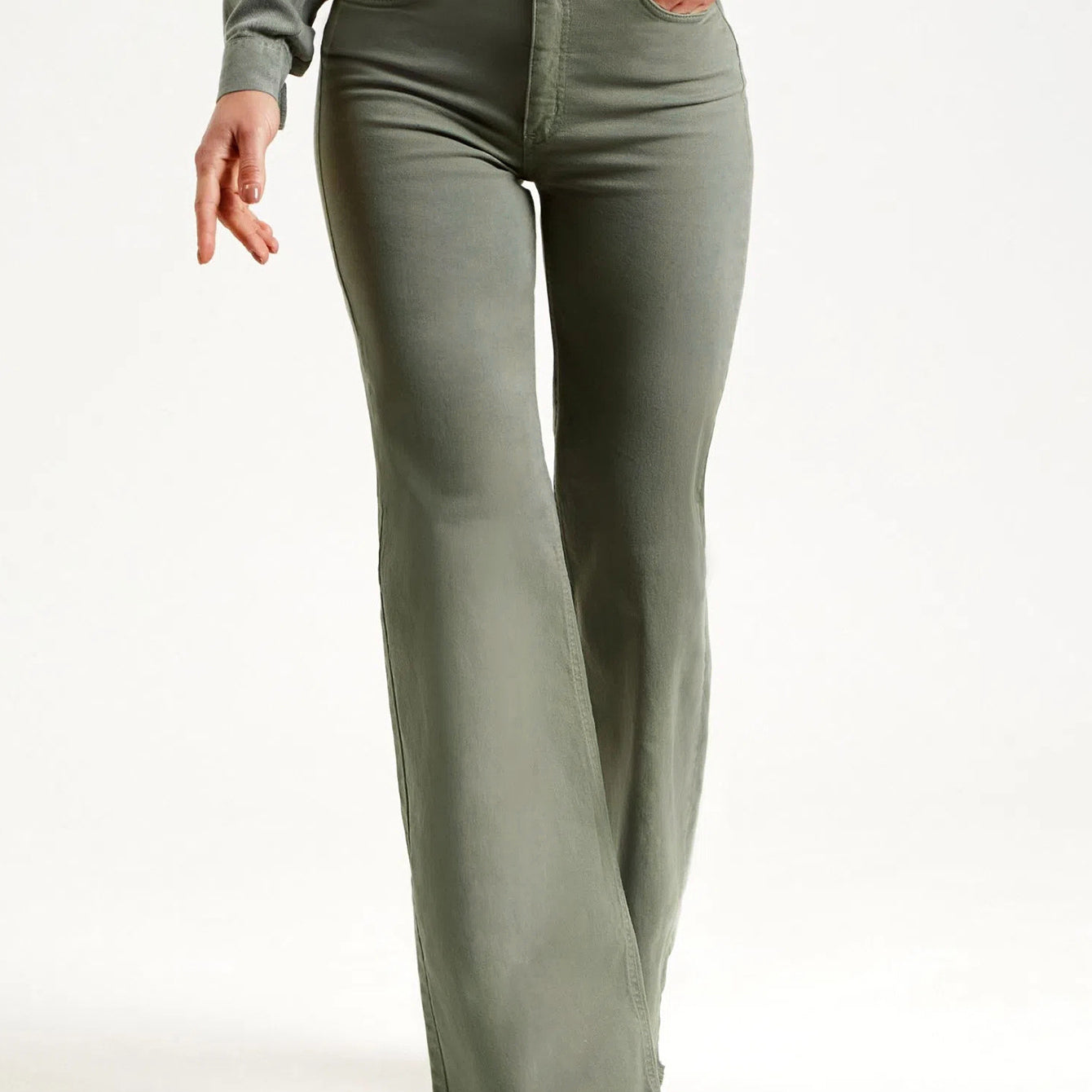 Olive green flared jeans from Slim Fit Stretch collection, perfect for trendy ملابس fashion