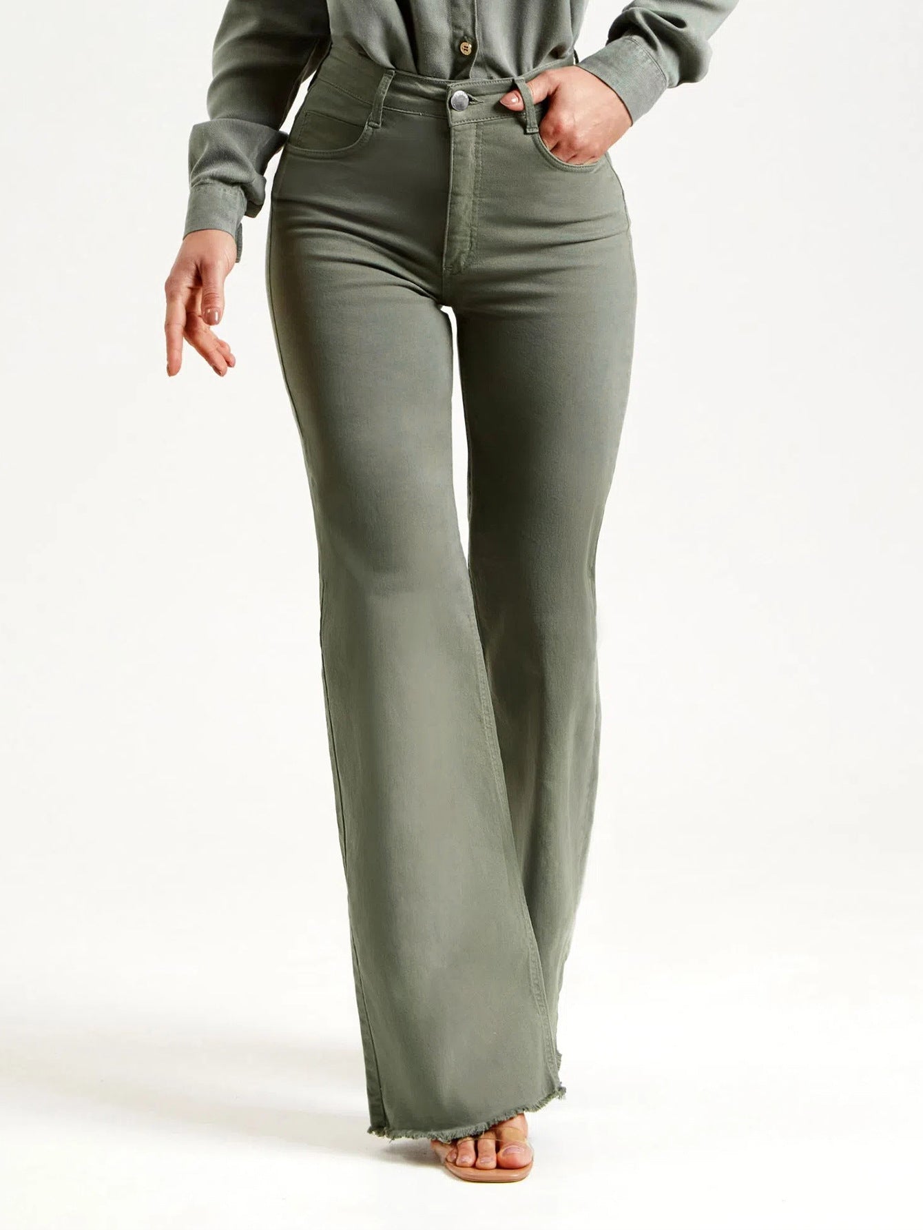 Olive green flared jeans from Slim Fit Stretch collection, perfect for trendy ملابس fashion
