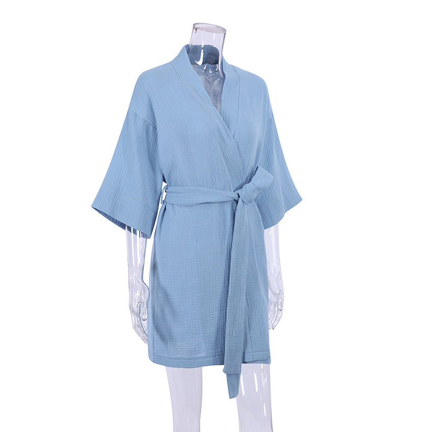 Light blue textured pure cotton casual nightgown with tied belt for lounging