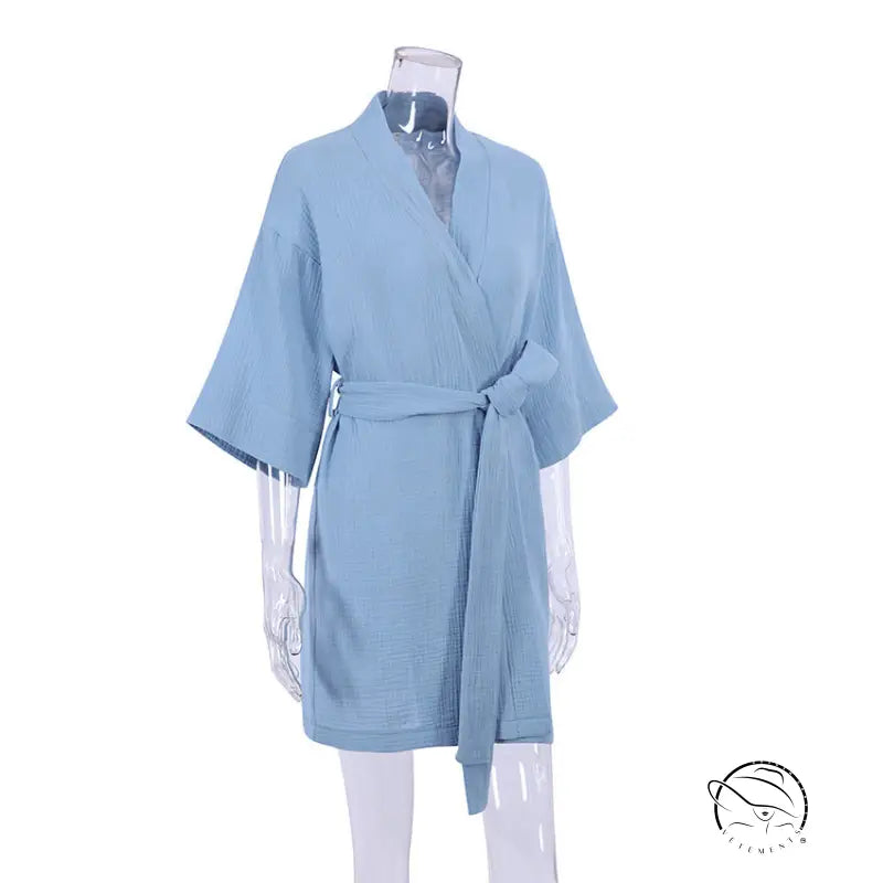 Pure cotton casual nightgown in light blue textured bathrobe with tied belt