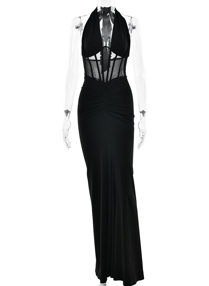 Elegant Langry black lace-up maxi sheath dress with sheer sleeves