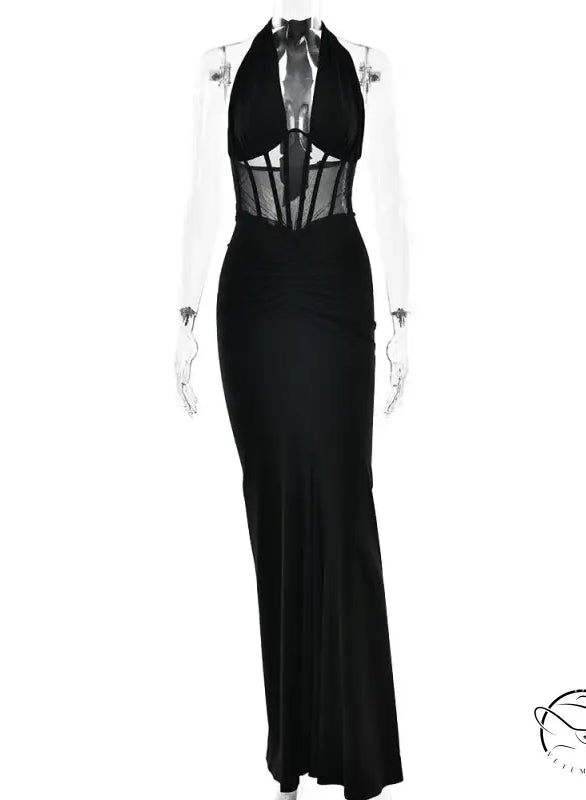 Elegant black lace-up maxi sheath dress in langry fashion with sheer sleeves