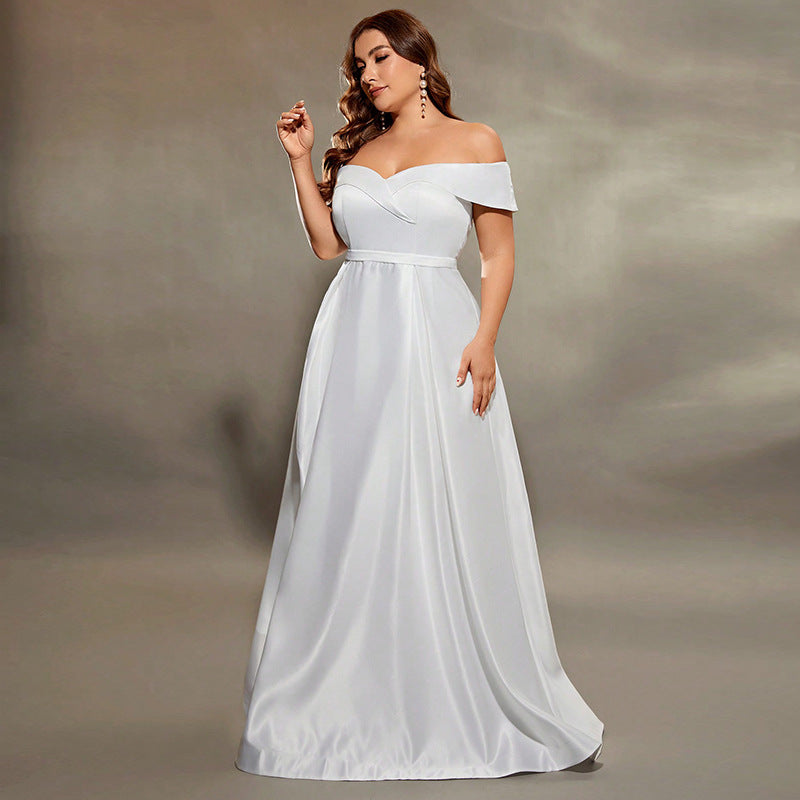 Elegant off-the-shoulder white gown from Summer Off Shoulder Evening Dress collection showcasing sophisticated fashion style