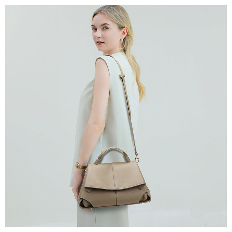 Langry French special design beige leather crossbody bag with gold hardware