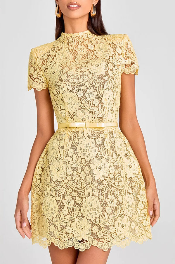 Enchanting lace yellow round neck dress with ruffled sleeves