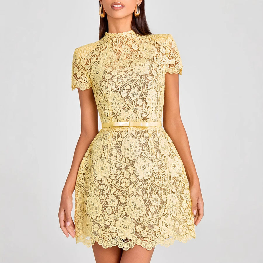 Enchanting lace yellow round neck dress with ruffled sleeves