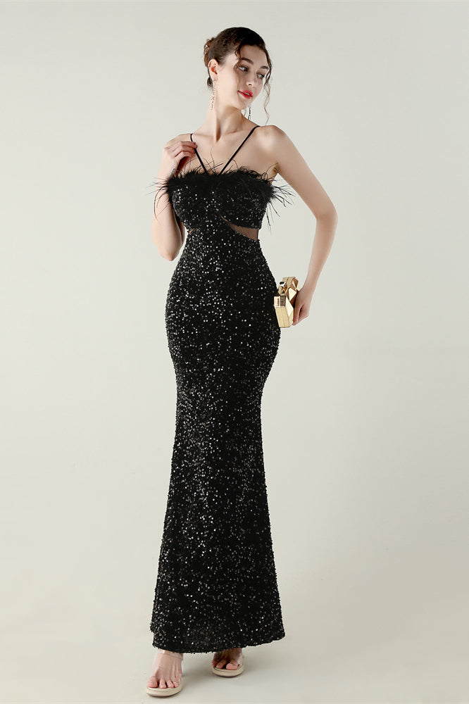 Black sequined mermaid gown with ostrich feather accents in Langry fashion
