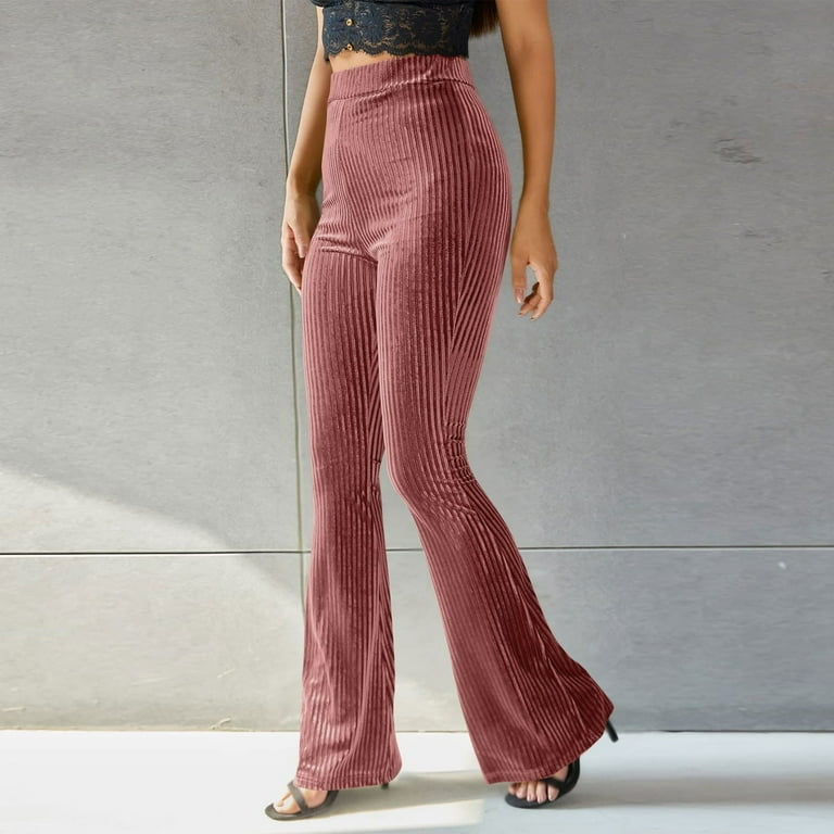 High waist pleuche sunken stripe pants with flared, ribbed velvet design