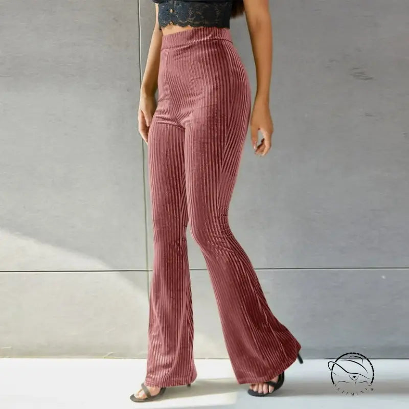 High waist pleuche sunken stripe flared ribbed velvet pants
