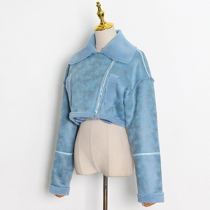 Blue cropped faux suede jacket, trendy fashion piece for women, ملابس stylish look