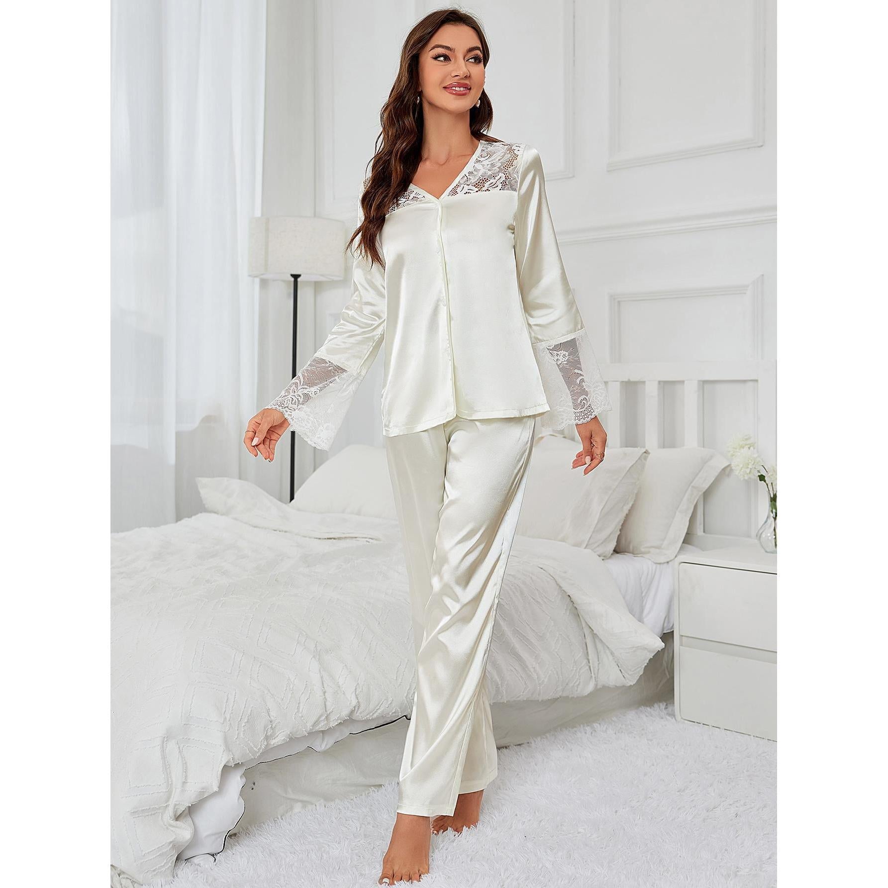 Women’s ivory satin silk home wear with lace trim and long sleeves for elegant comfort