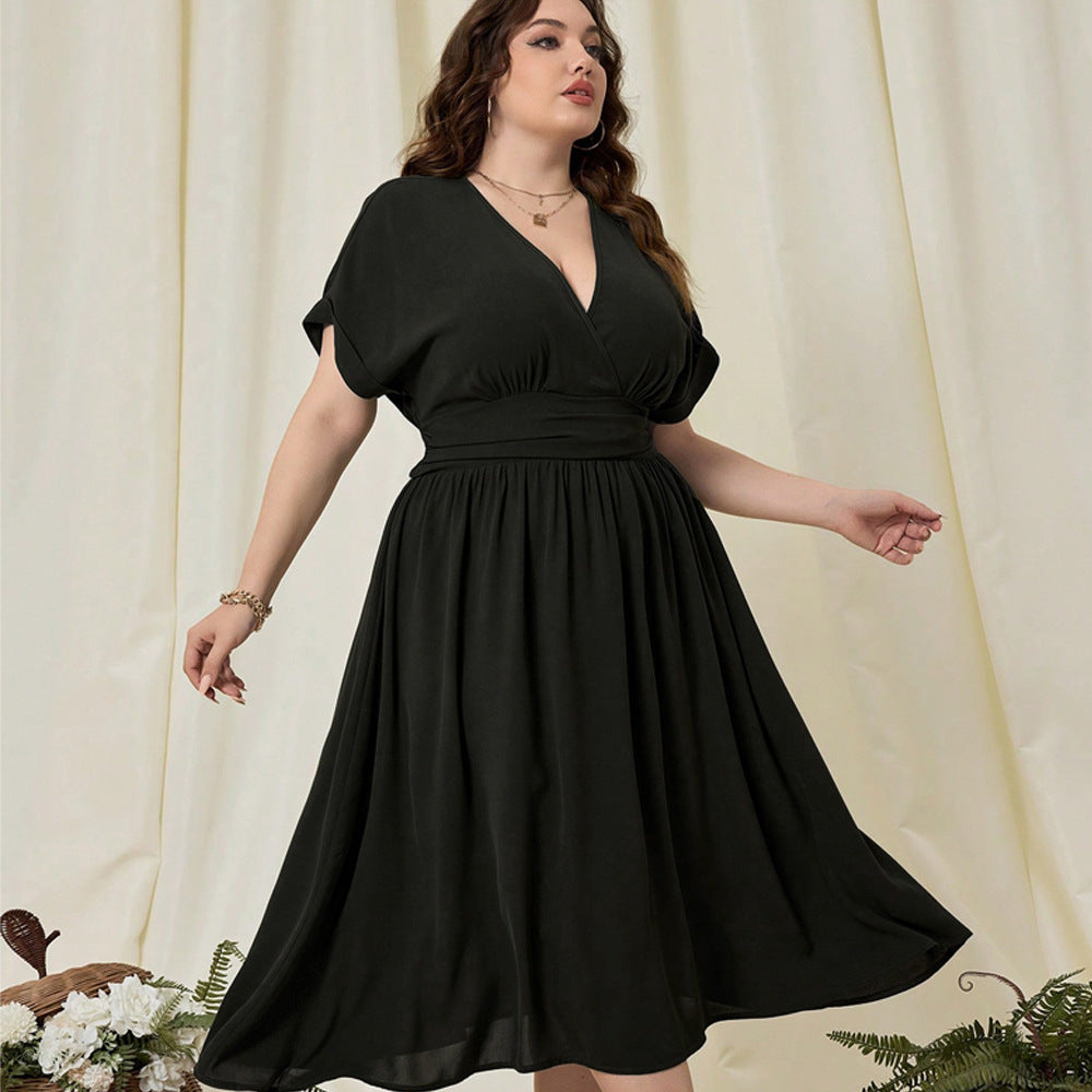 Plus-size black vacation high waist A-line dress with V-neck and short dolman sleeves