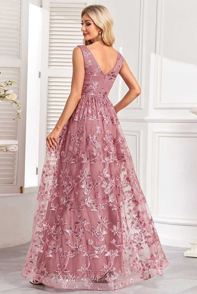 Elegant mauve floral embroidered evening gown with mesh floral print and back zipper