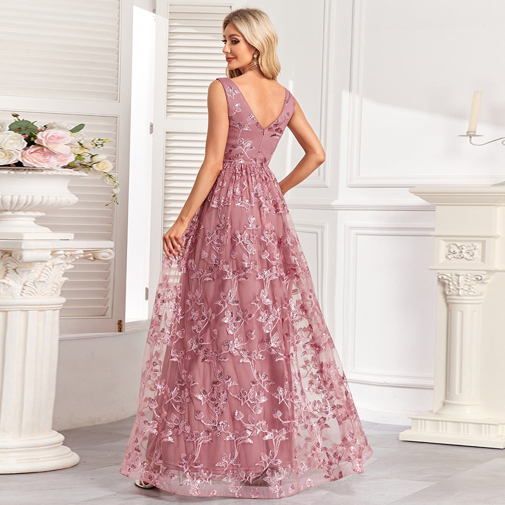 Elegant mauve floral embroidered evening gown with mesh floral print and back zipper