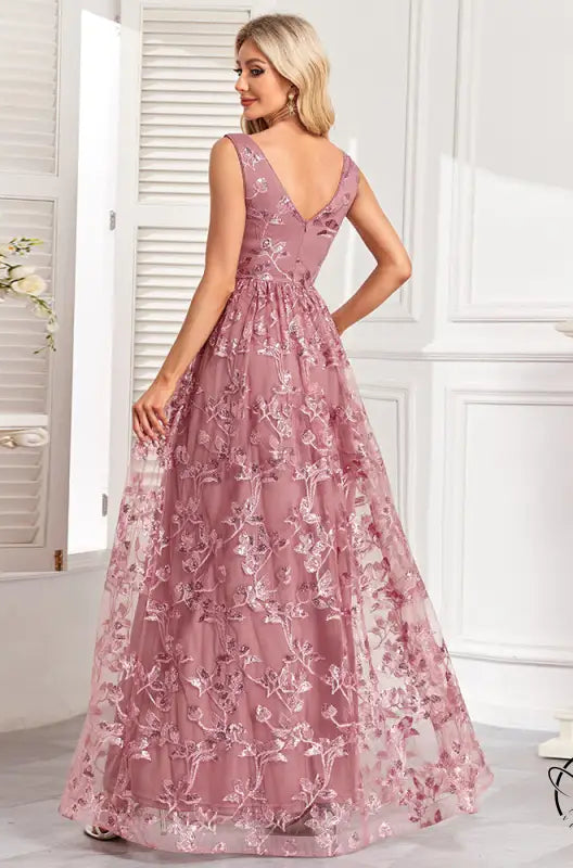 Mauve mesh floral print sleeveless evening gown with embroidery