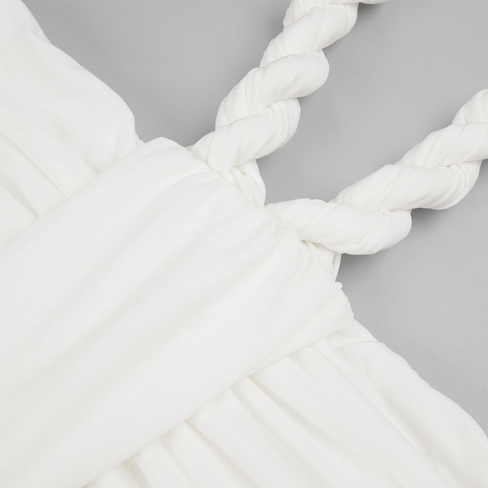 Elegant Pleated High Waist Dress with white twisted straps for fashionable women’s wear