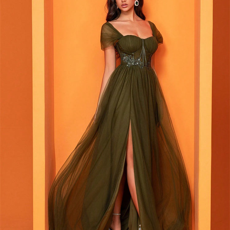 Olive green Elegant Cocktail Evening Dress showcasing modern langry fashion style