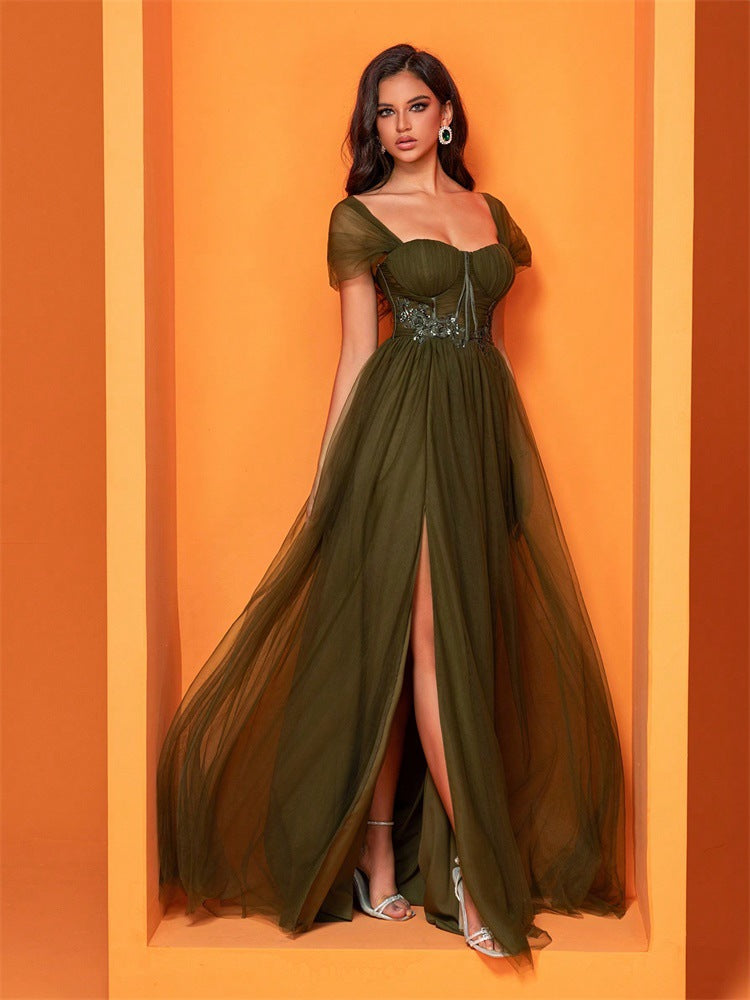 Olive green Elegant Cocktail Evening Dress showcasing modern langry fashion style