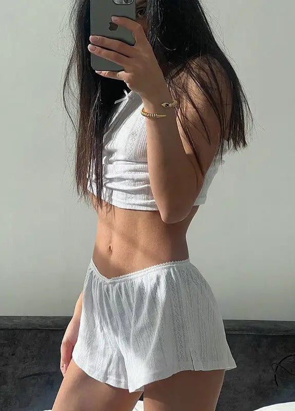 White ribbed crop top with lace trim in Langry fashion pajamas