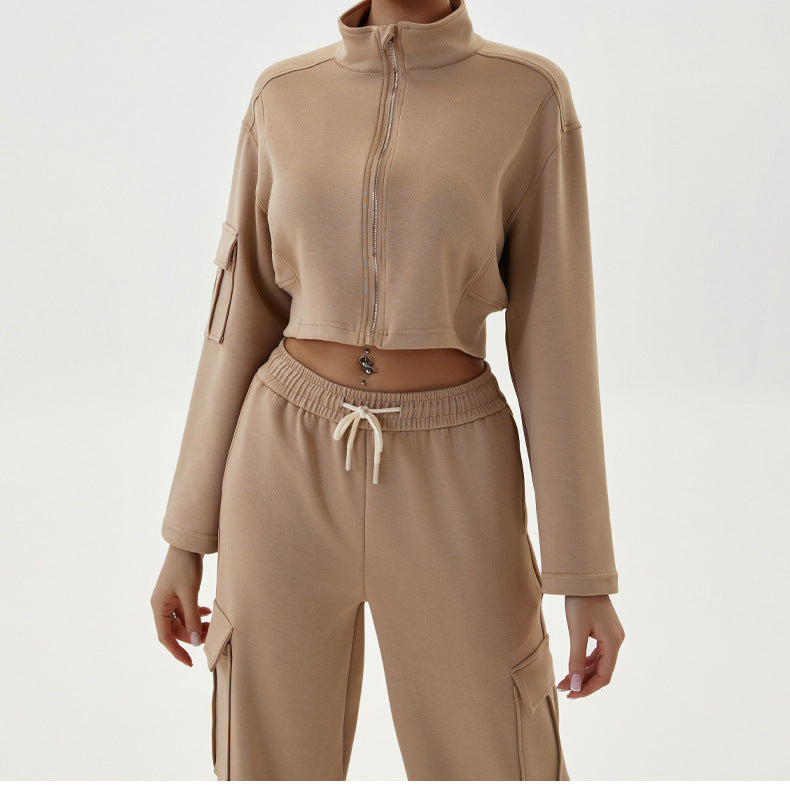 Tan cropped tracksuit for women autumn winter fashion casual sports sets with zipper