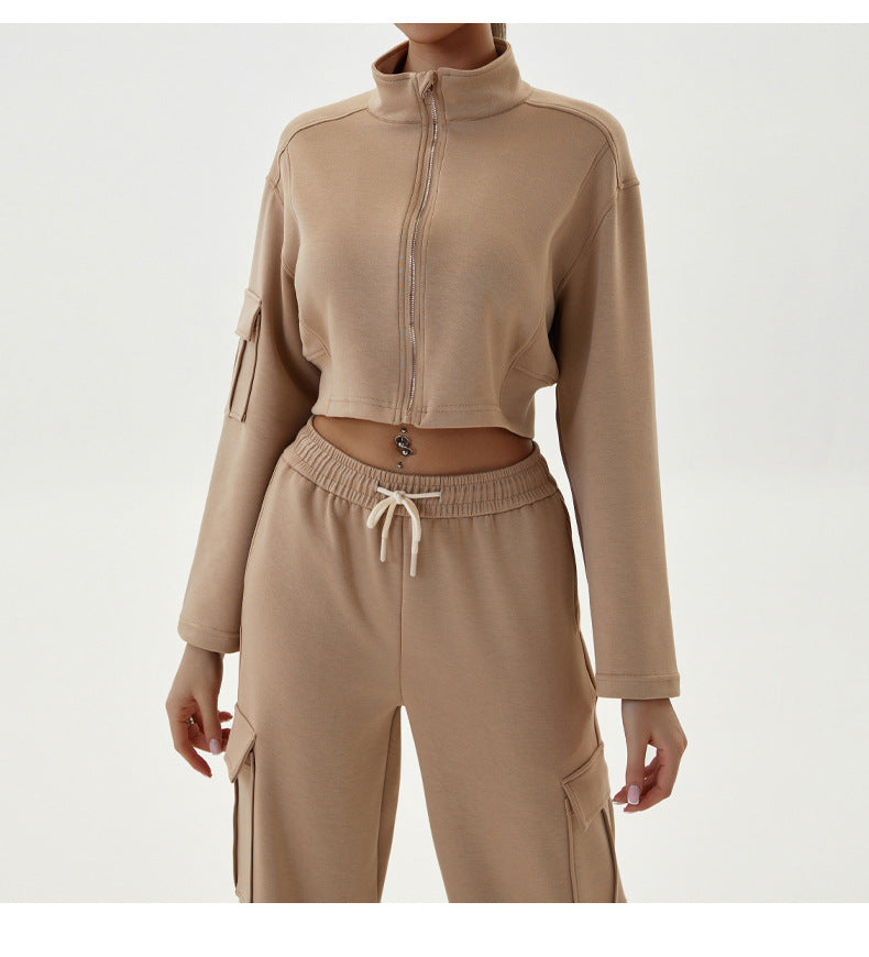 Tan cropped tracksuit for women autumn winter fashion casual sports sets with zipper