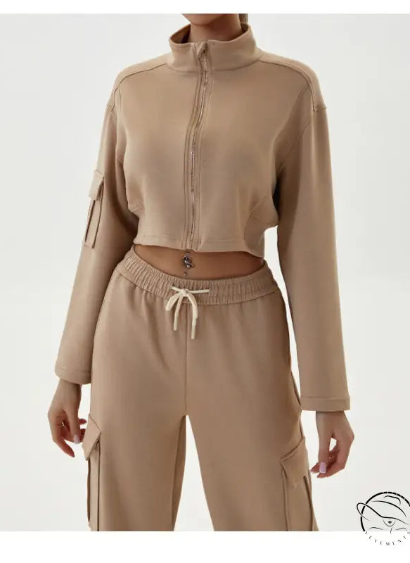 Tan cropped tracksuit in winter workwear casual sports sets