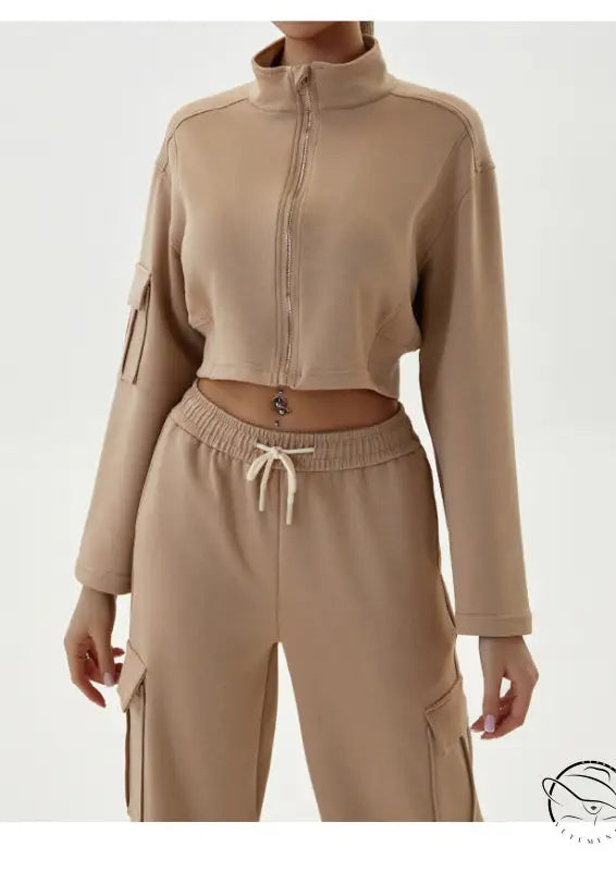 Tan cropped tracksuit in winter workwear casual sports sets