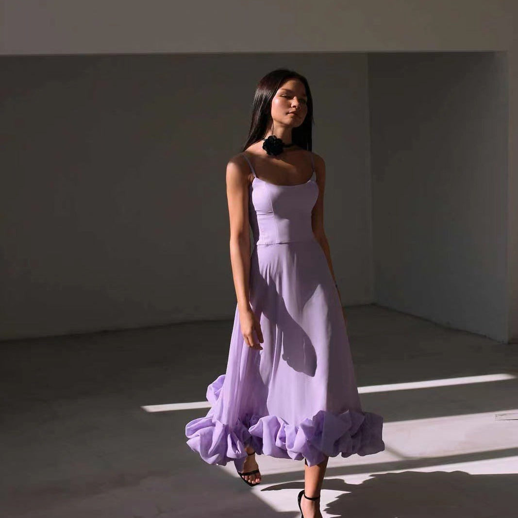 Lavender spaghetti-strap dress with three dimensional floral design in a feminine line dress style
