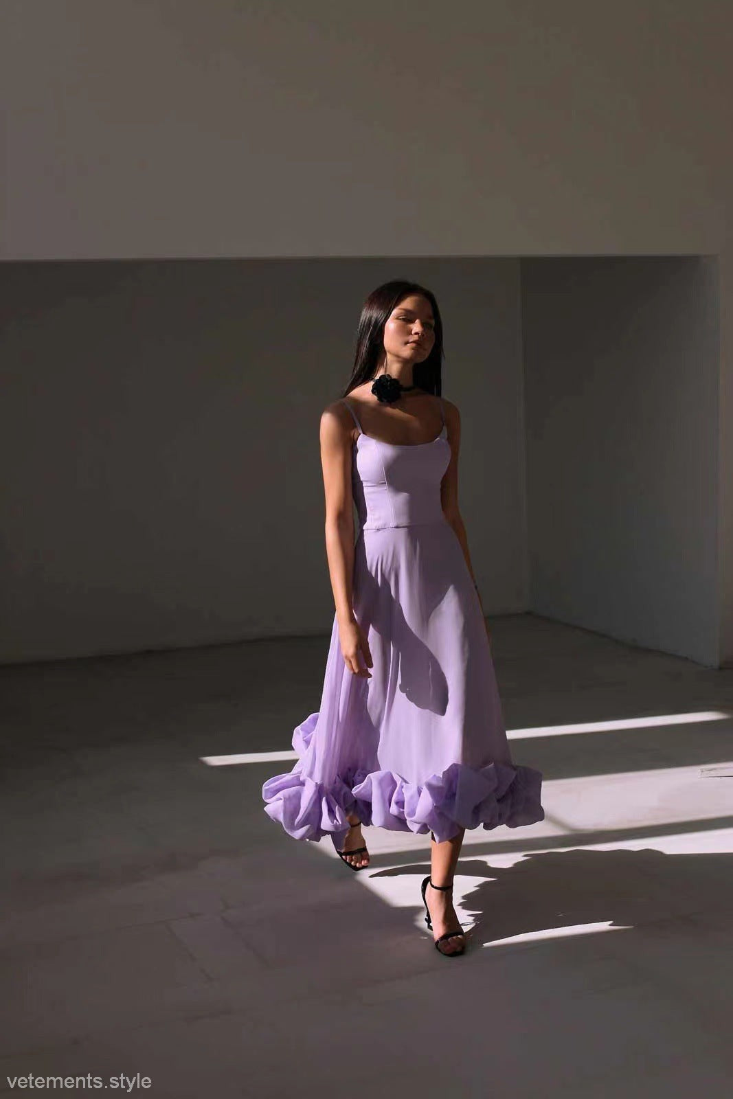 Lavender spaghetti-strap dress with three dimensional floral design in a feminine line dress style