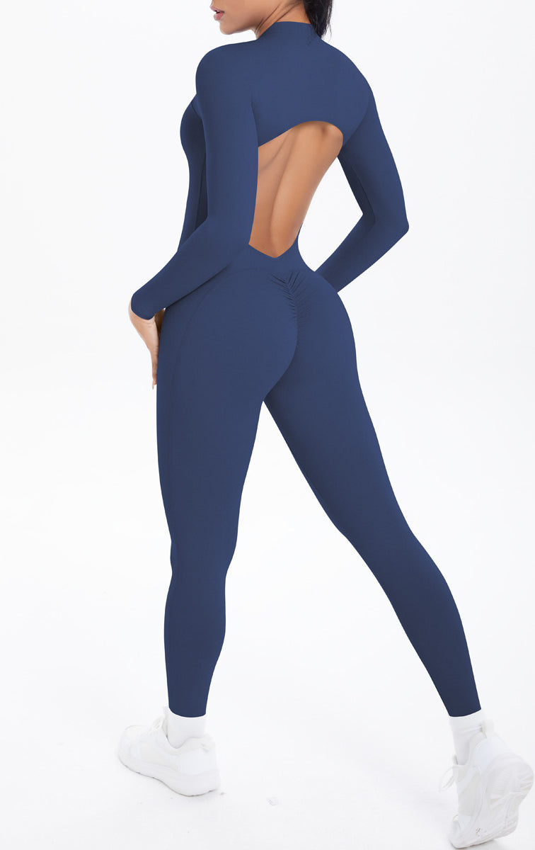Navy blue long sleeve yoga zipper one piece with back cutout design