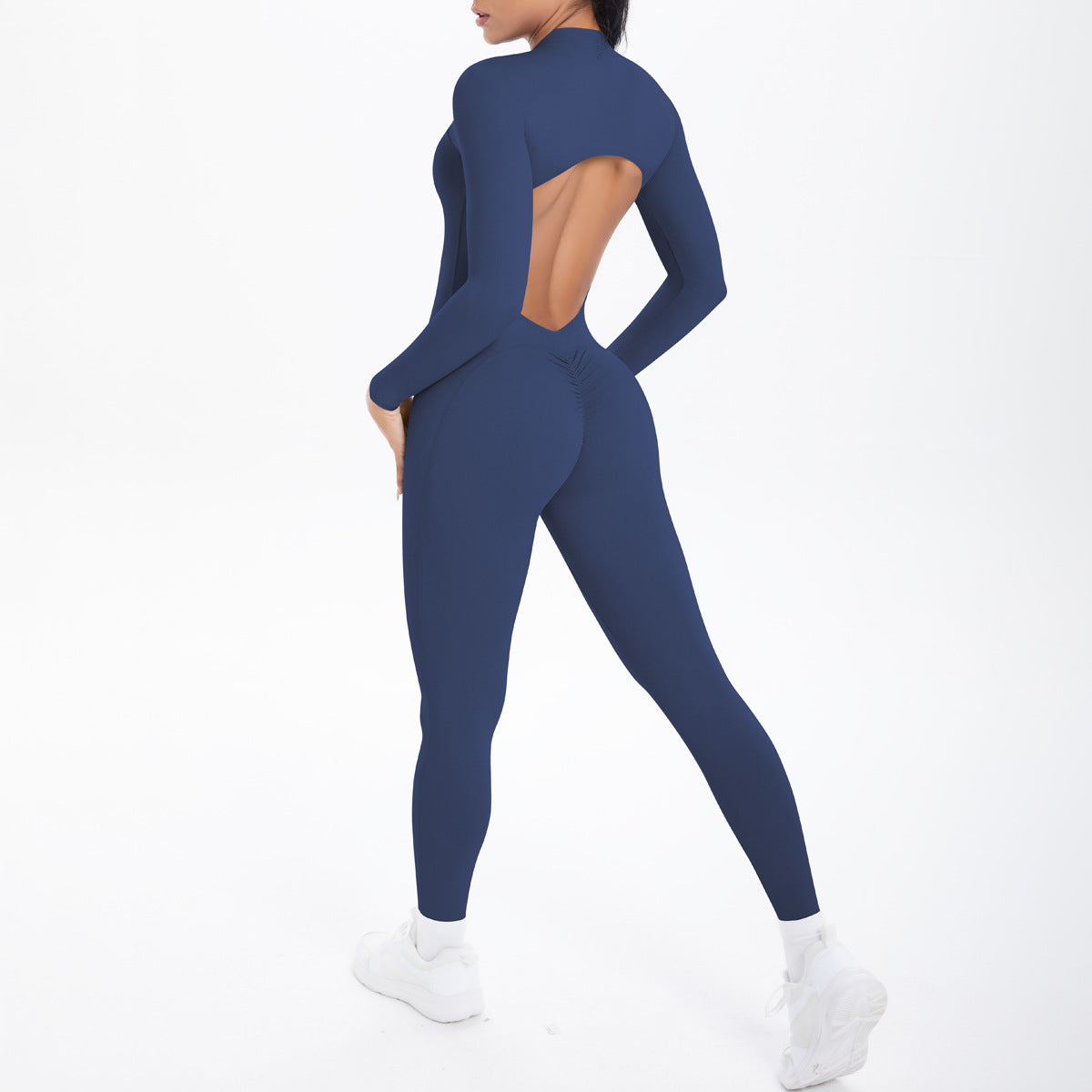 Navy blue long sleeve yoga zipper one piece with back cutout design