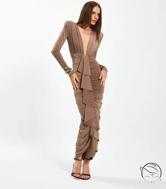 Elegant slim evening dress: brown ruffled langry fashion jumpsuit with long sleeves and high heels