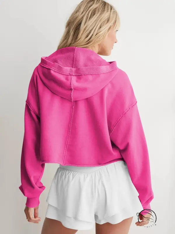 Hot pink cropped langry fashion hoodie with dropped shoulders and white shorts