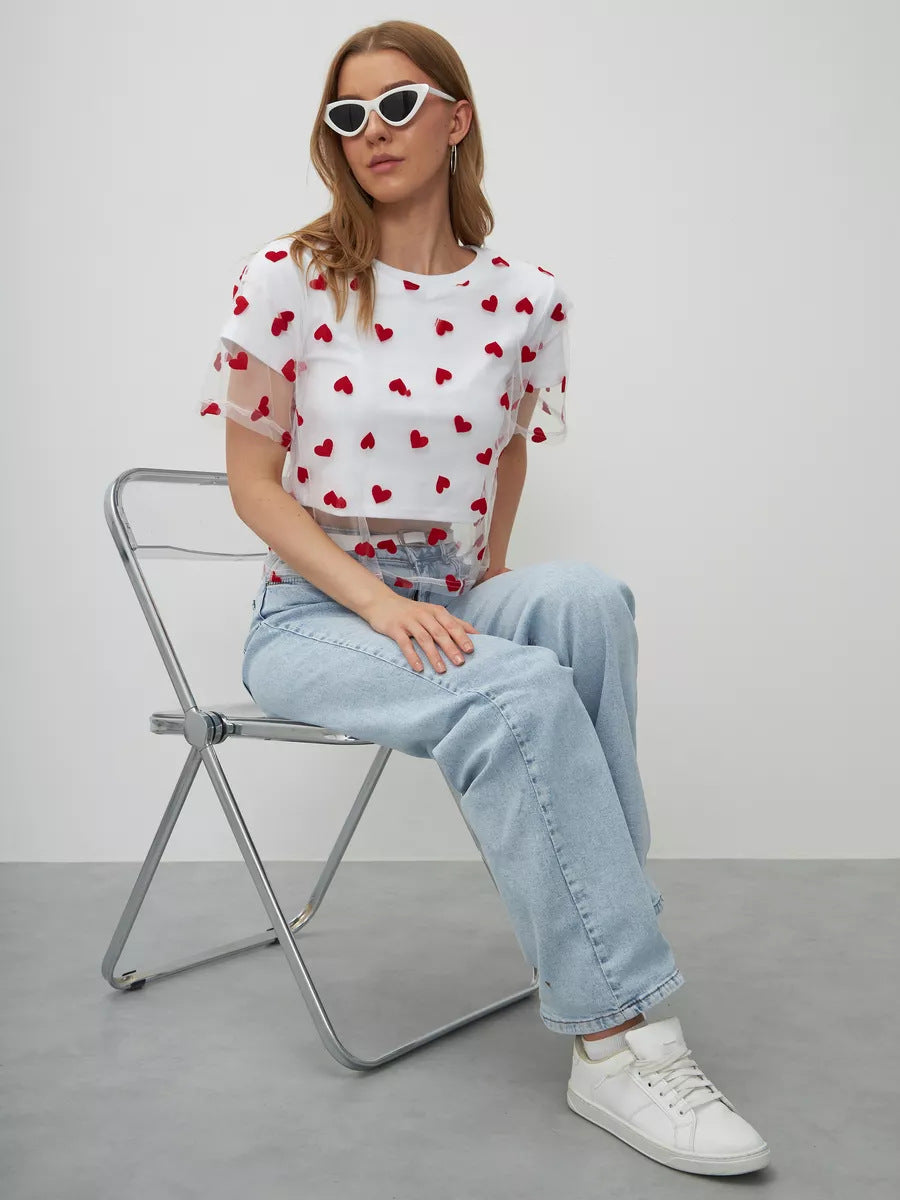 Elegant Faux Two Piece Cotton Short Top styled with heart-patterned t-shirt and jeans