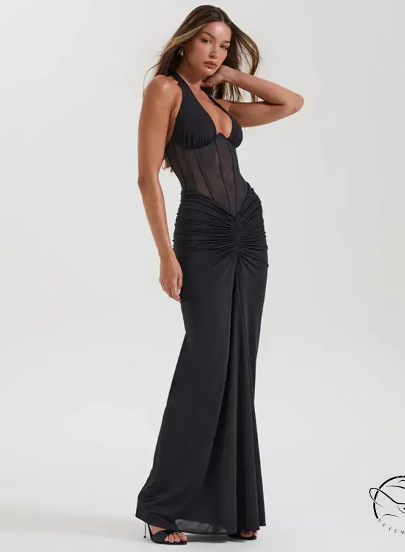 Black ruched langry fashion jumpsuit in elegant maxi sheath dress style