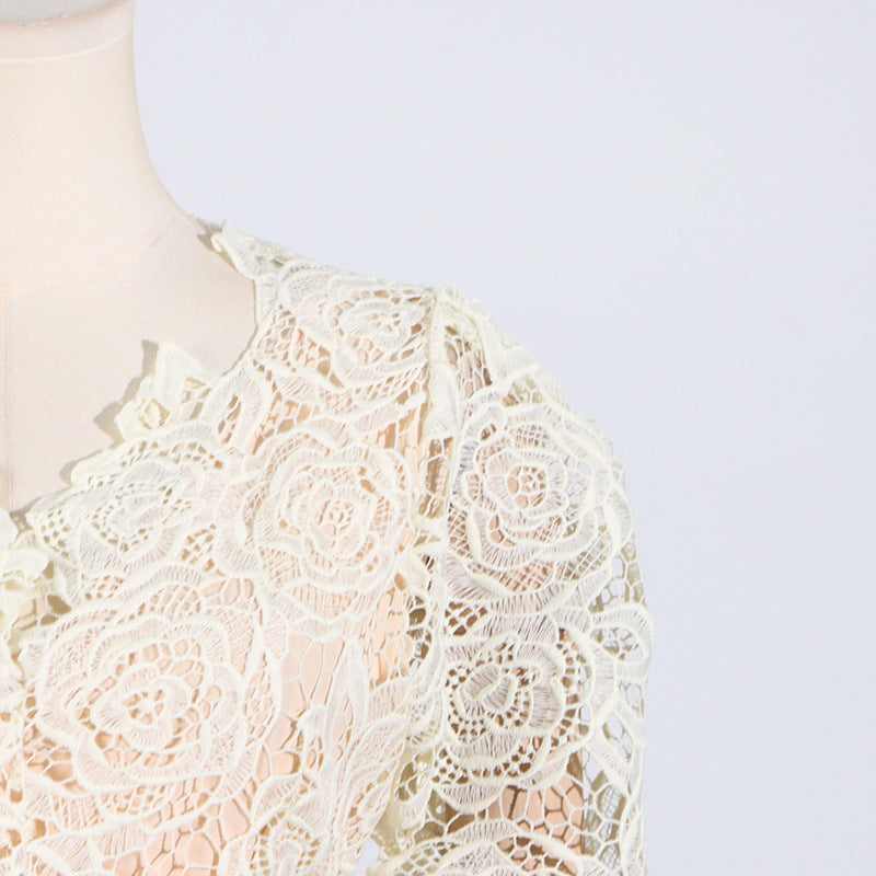 Delicate white lace fabric with floral patterns for French Elegant Dress short sleeve fashion