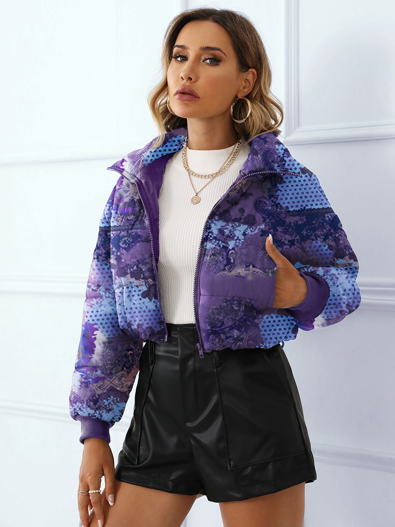Purple patterned puffer jacket from Elegant Thermal Cotton Padded Coat for fashionable ملابس