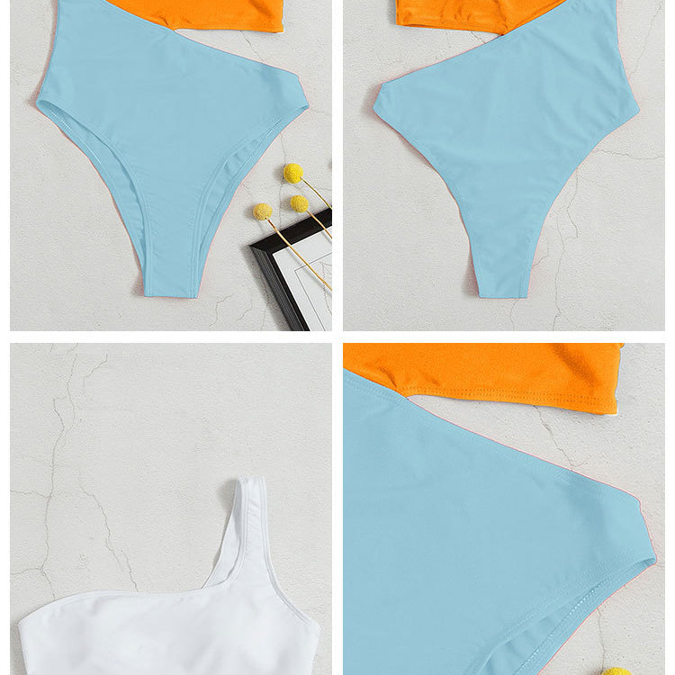 Asymmetrical color-blocked swimsuit featuring cutout high waist and multicolor design
