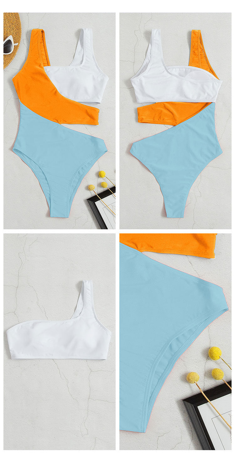 Asymmetrical color-blocked swimsuit featuring cutout high waist and multicolor design