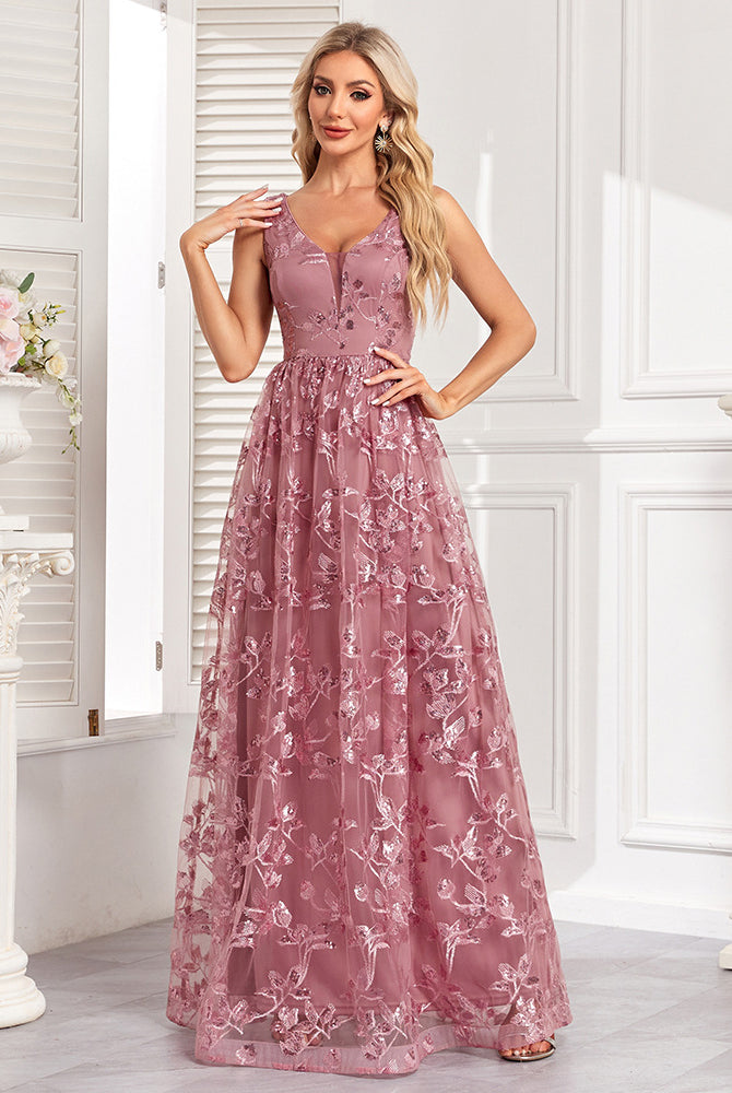 Elegant mauve evening dress with floral print embroidery and mesh floral design