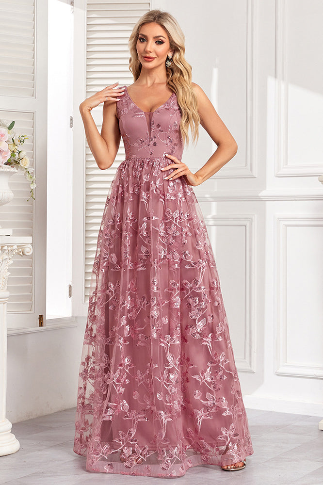 Elegant mauve evening dress with floral print embroidery and mesh floral design