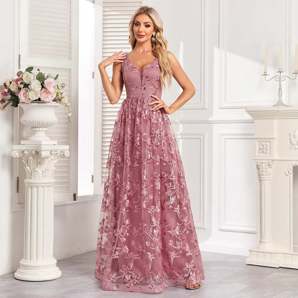 Elegant mauve evening dress with floral print embroidery and mesh floral design