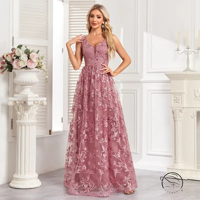 Sleeveless mauve mesh floral print gown with embroidery